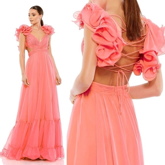 NEW $600 MAC DUGGAL RUFFLE TIERED CUT-OUT CHIFFON GOWN CORAL SIZE 12 - Picture 7 of 17